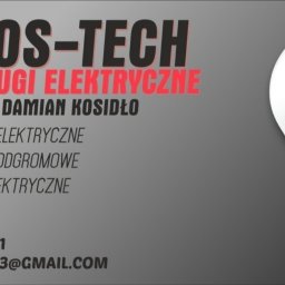 KOS-TECH - Wizytówka firmy KOS-TECH oferującej usługi elektryczne, instalacje odgromowe, pomiary elektryczne i usuwanie awarii. Obok tekstu grafika żarówki na szarym tle.