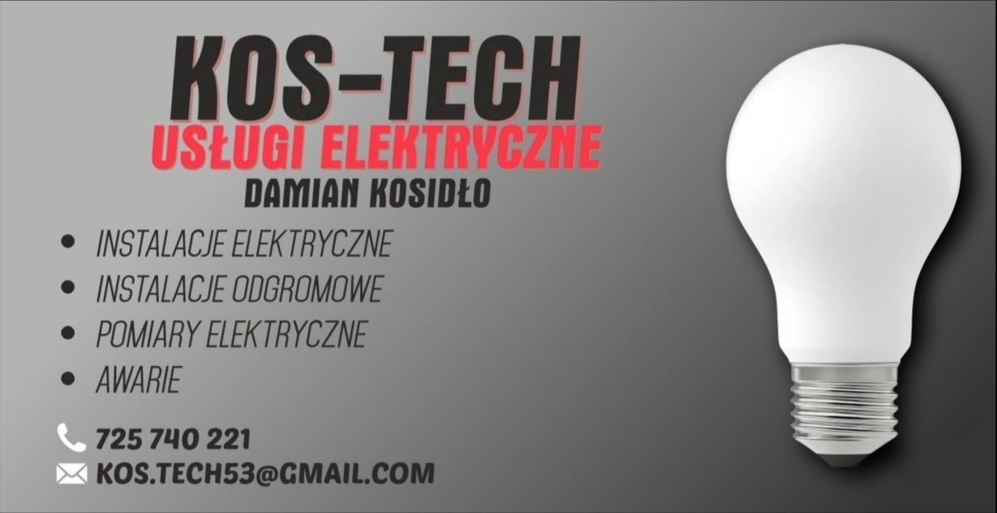 Wizytówka firmy KOS-TECH oferującej usługi elektryczne, instalacje odgromowe, pomiary elektryczne i usuwanie awarii. Obok tekstu grafika żarówki na szarym tle.
