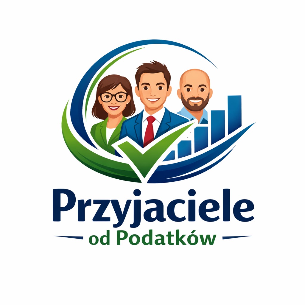 Ilustracja: Zespół wizerunkowy z wykresem słupkowym i zielonym symbolem akceptacji, pod napisem 'Przyjaciele od Podatków'. Grafika w tonacji niebiesko-zielonej.