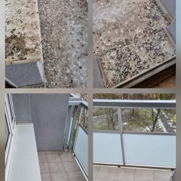 DDD Hunter Joanna Czarkowska - Kolaż balkonu przed i po czyszczeniu z ptasich odchodów. Widoczne zabrudzenia na podłodze i parapecie, a następnie czysta powierzchnia po usunięciu zanieczyszczeń.