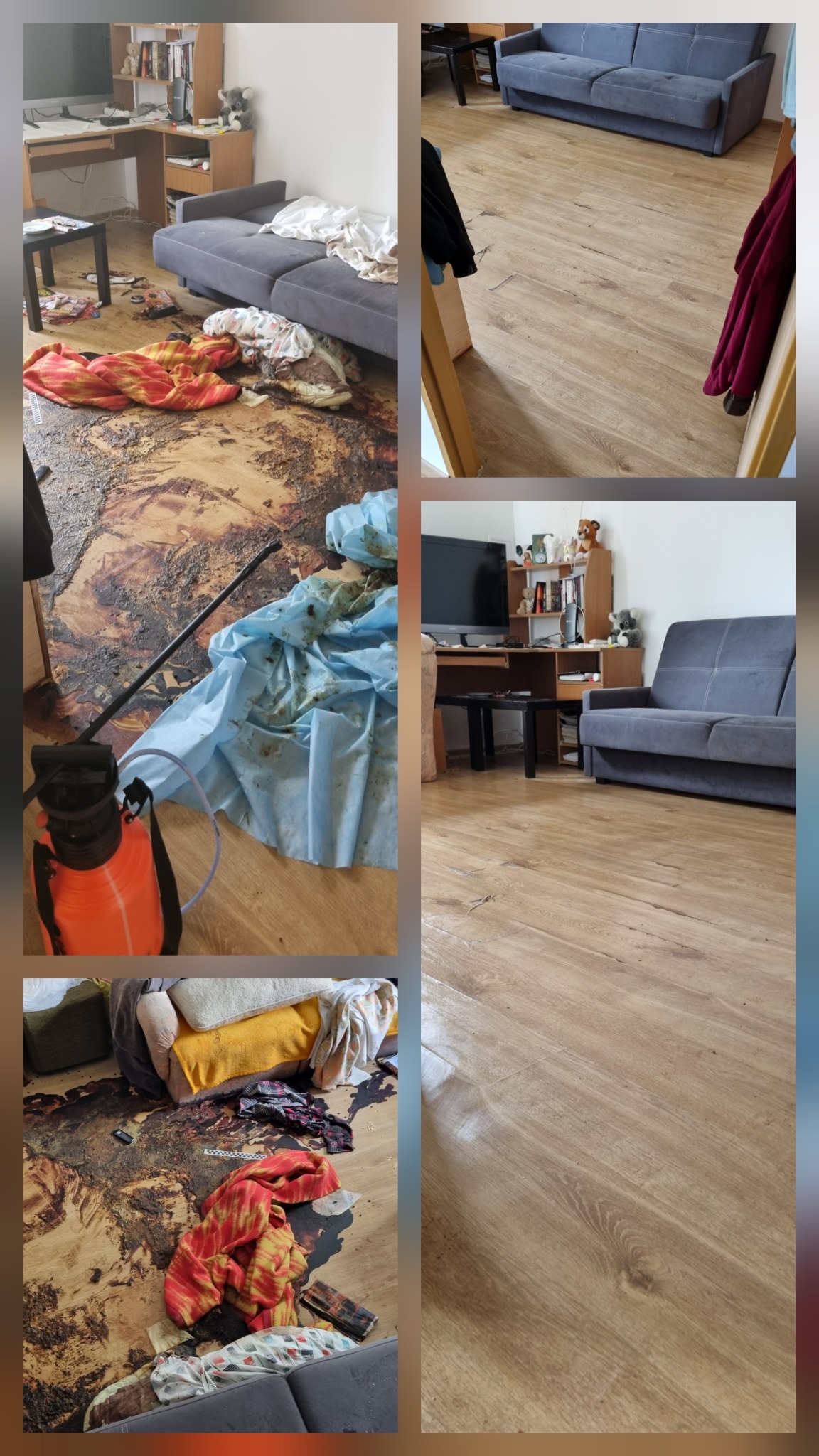 Pokój po zalaniu/skażeniu: brudna podłoga, plamy, sprzęt do czyszczenia. Widok przed i po sprzątaniu, ukazujący efekt usługi.