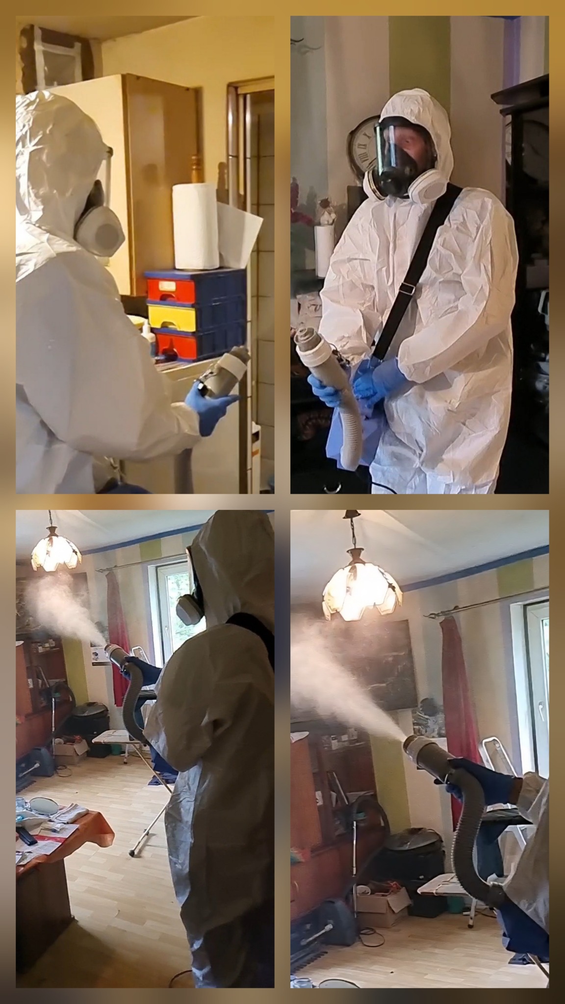 Cztery kadry: osoba w kombinezonie ochronnym i masce rozpyla środek w pomieszczeniu, widoczne meble i lampa. Ujęcie z różnych perspektyw.