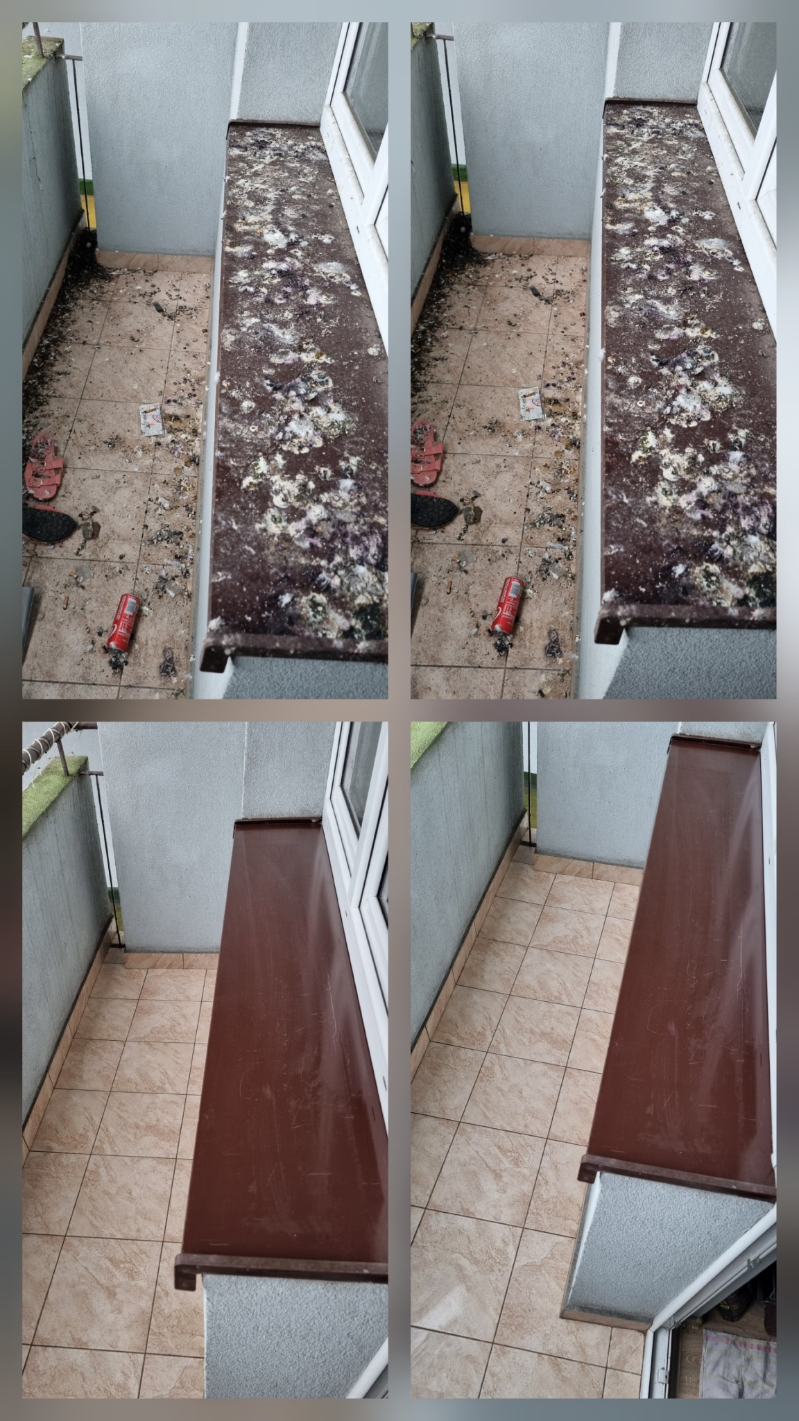 Balkon przed i po czyszczeniu z ptasich odchodów w Katowicach. Widoczne zabrudzenia i efekt po usunięciu. Porównanie stanu balkonu.