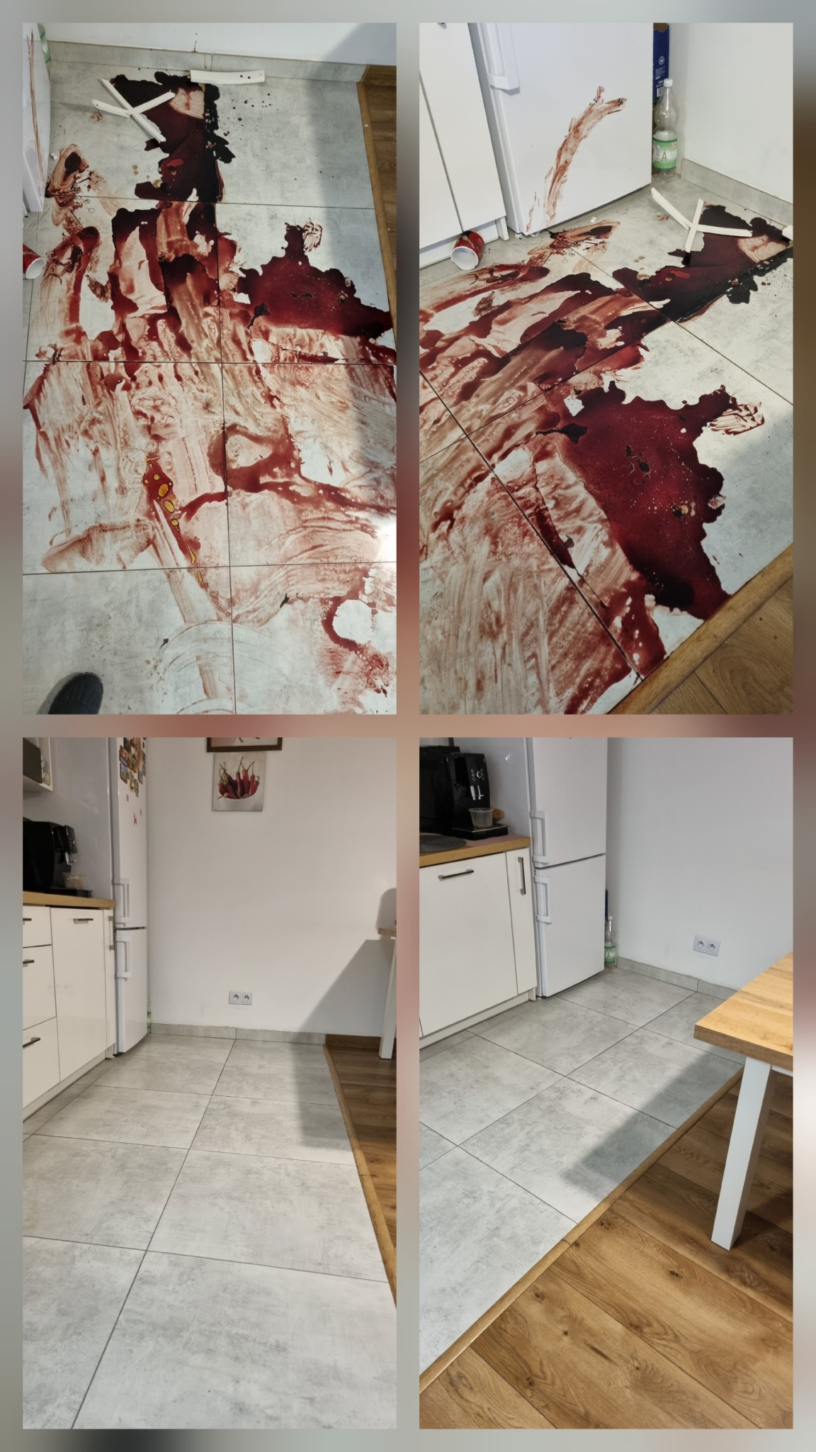 Czteropanelowe zdjęcie: dwa górne panele pokazują podłogę w kuchni z plamami przypominającymi krew i rozbitymi elementami. Dwa dolne panele pokazują czystą podłogę po sprzątaniu.