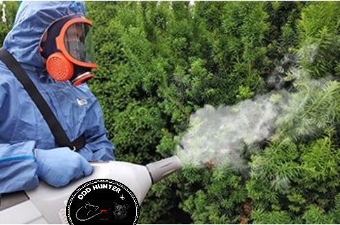 Osoba w kombinezonie ochronnym opryskuje roślinność, rozpylając preparat. Widoczna mgła i dysza opryskiwacza. Zbliżenie na proces.