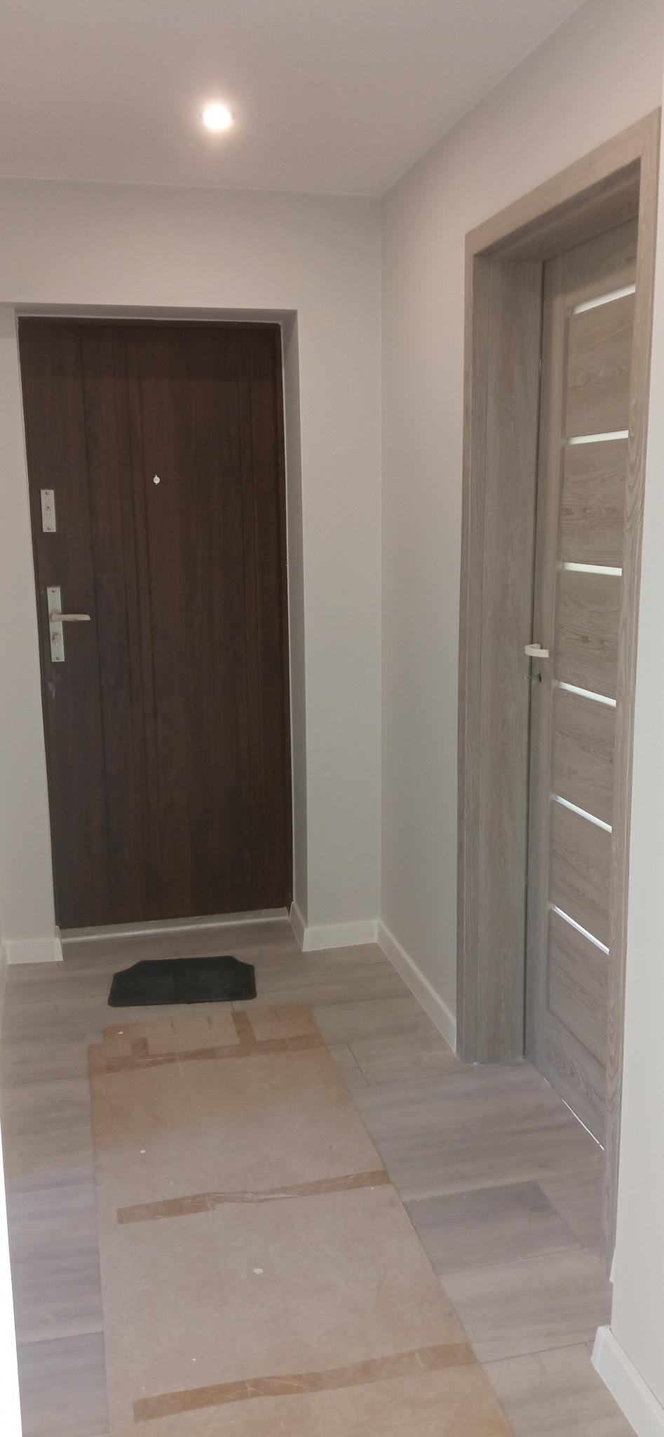 Dwa rodzaje drzwi wewnętrznych: ciemne, pełne i jasne z przeszkleniami, zamontowane w jasnym korytarzu z panelami podłogowymi. Widoczna mata pod drzwiami.