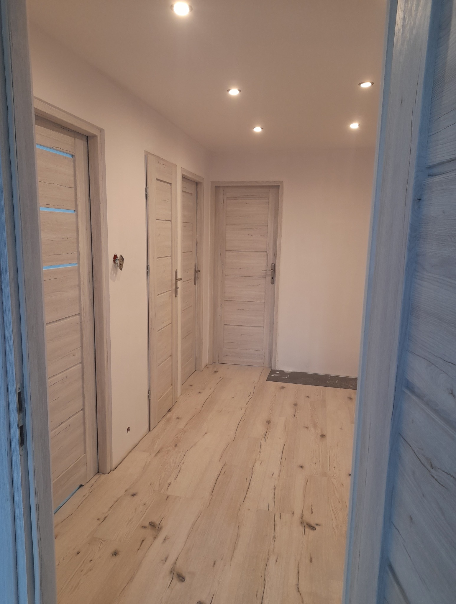 Jasne, drewnopodobne panele podłogowe i trzy zamontowane drzwi wewnętrzne w korytarzu z oświetleniem punktowym. Widok zza otwartych drzwi.