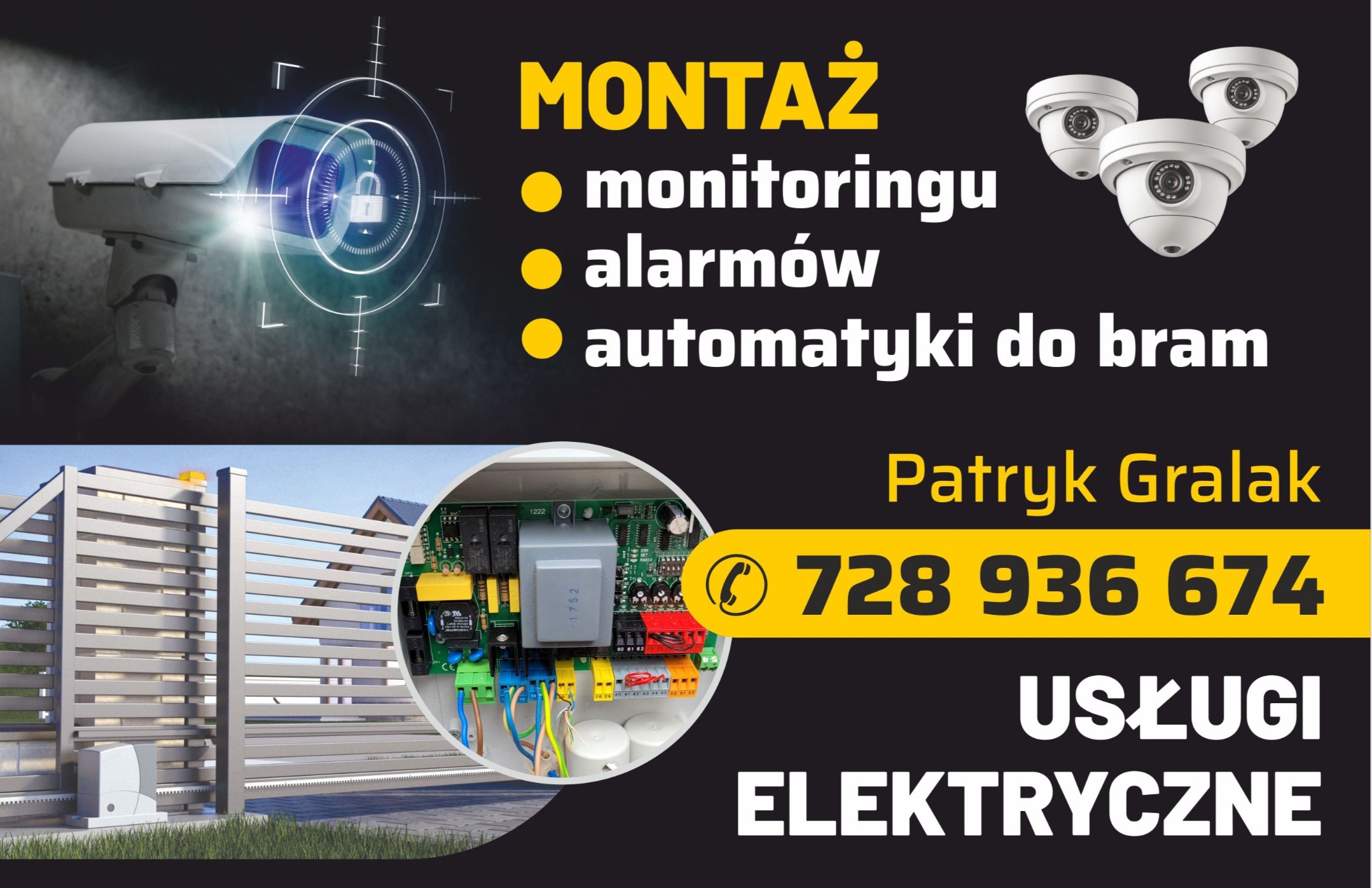 Montaż monitoringu, alarmów i automatyki do bram. Brama z automatyką, kamery monitoringu i schemat elektryczny. Usługi elektryczne, kontakt do wykonawcy.