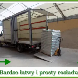 Rozładunek worków z towarem z samochodu dostawczego za pomocą wózka paletowego; w tle widoczna góra materiału sypkiego.