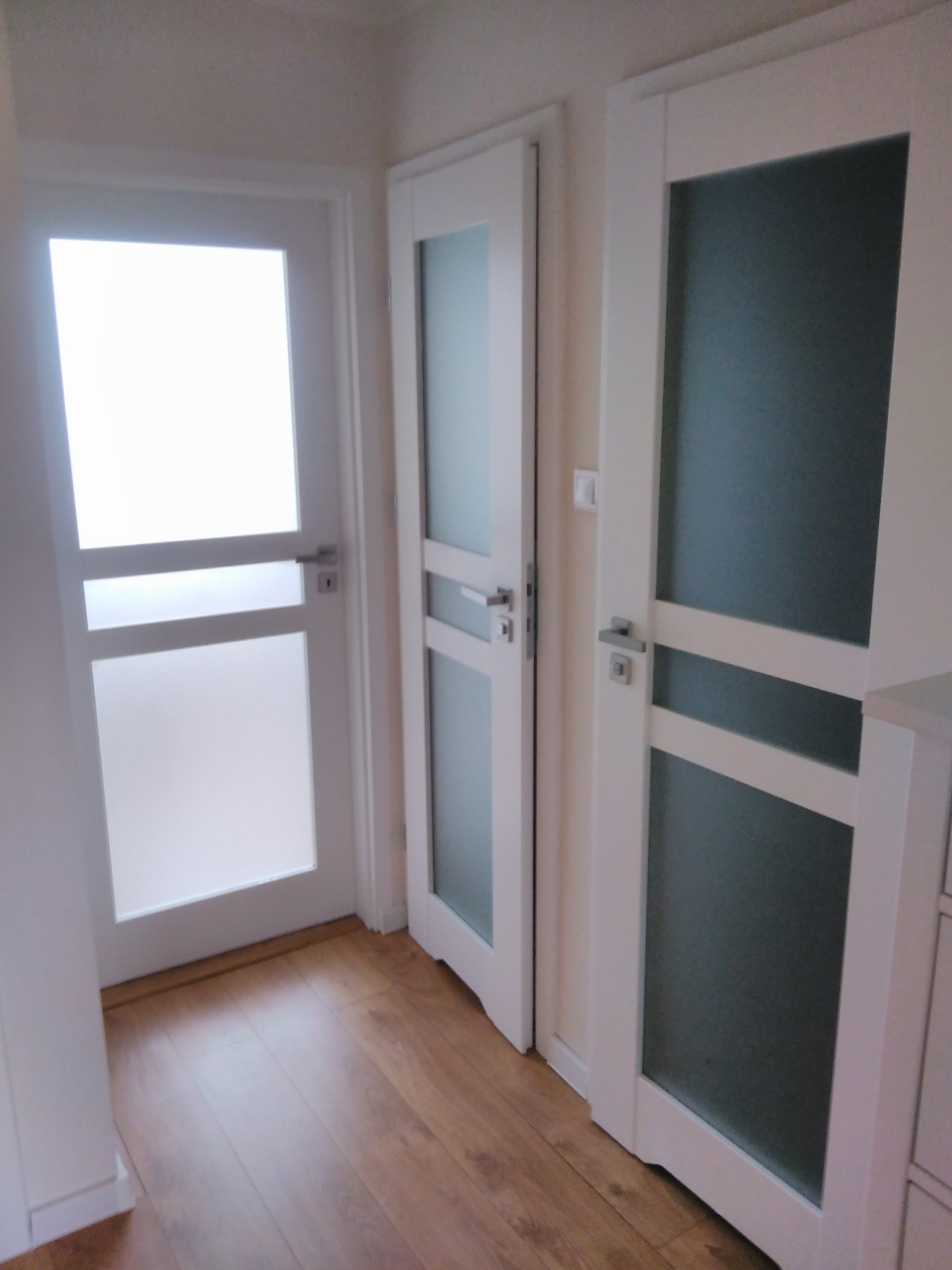 Trzy białe drzwi wewnętrzne z matowym szkłem, widoczne w korytarzu z drewnianą podłogą. Dwa skrzydła drzwiowe są zamknięte, jedno otwarte.