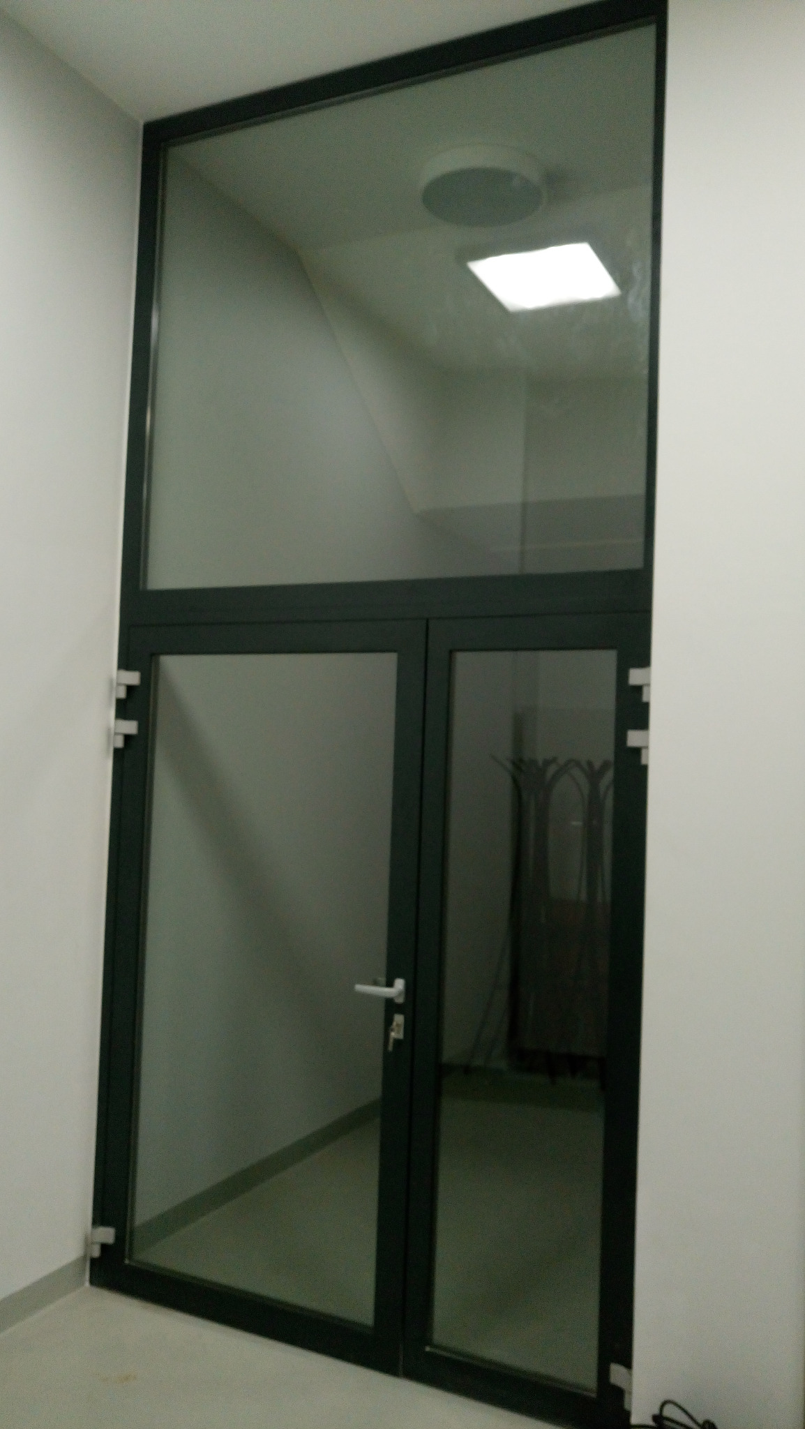 Nowoczesne, dwuskrzydłowe drzwi szklane z czarną ramą i górnym naświetlem, widoczne z boku w jasnym wnętrzu. Minimalistyczny design, metalowa klamka, widok na schody.