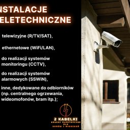 2KABELKI Wojciech Sendyka - Dwie kamery monitoringu CCTV zamontowane na elewacji budynku, z tekstem 'Instalacje teletechniczne' i logo firmy '2 Kabelki'.