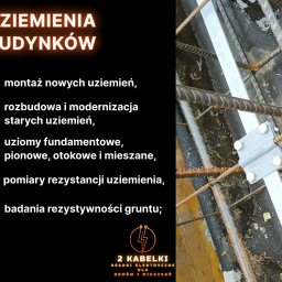 2KABELKI Wojciech Sendyka - Uziemienie budynku w trakcie montażu: stalowa szyna uziemiająca przymocowana do zbrojenia fundamentu. Widoczne elementy mocujące i fragment betonowej konstrukcji.