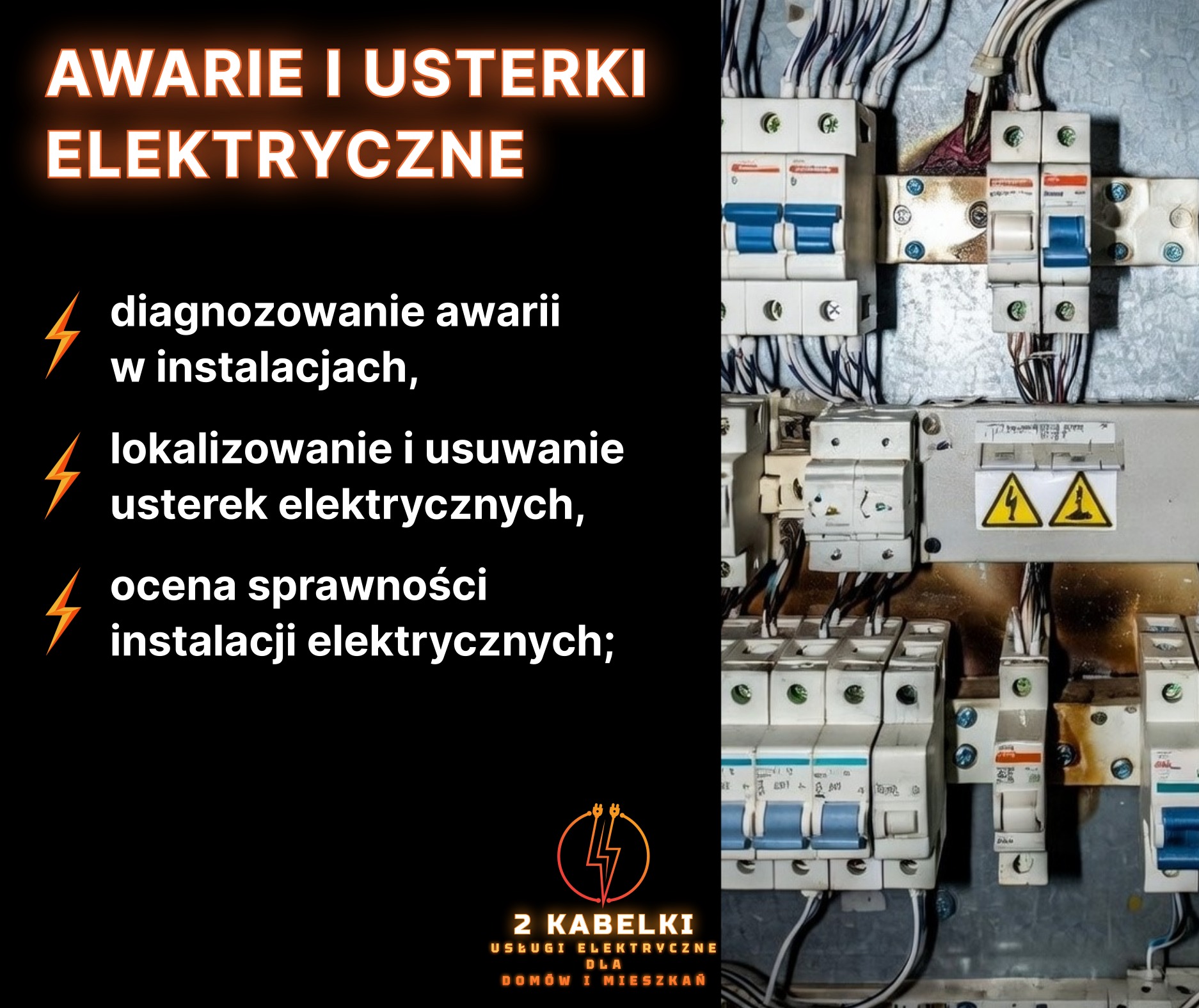 Tablica rozdzielcza z bezpiecznikami i przewodami. Widoczne ślady użytkowania. Na pierwszym planie tekst informujący o diagnozowaniu i usuwaniu awarii elektrycznych.