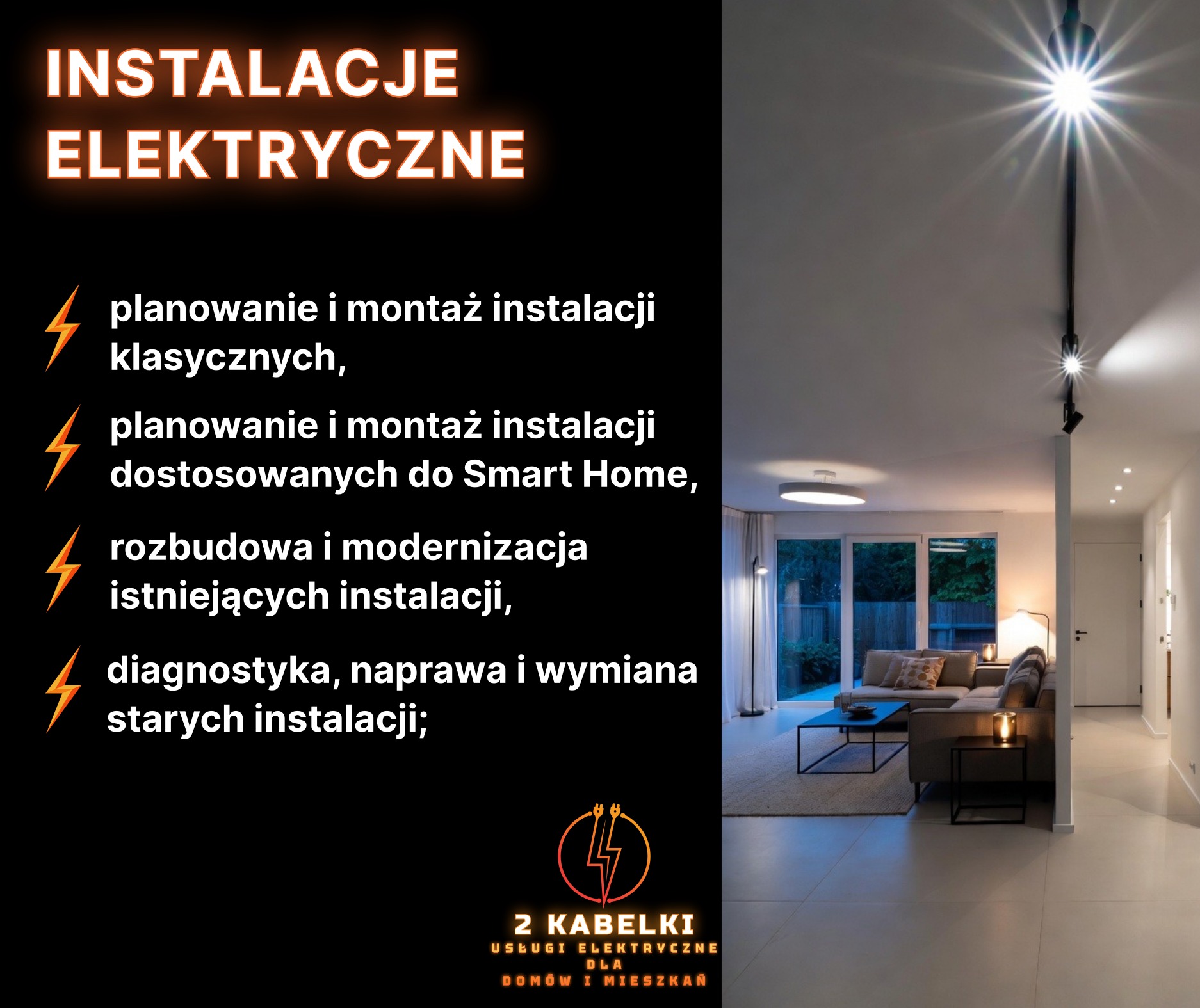 Salon z nowoczesnym oświetleniem szynowym. Reflektory punktowe na suficie, minimalistyczny design, ciepłe światło. Widok na salon z kanapą i oknem.