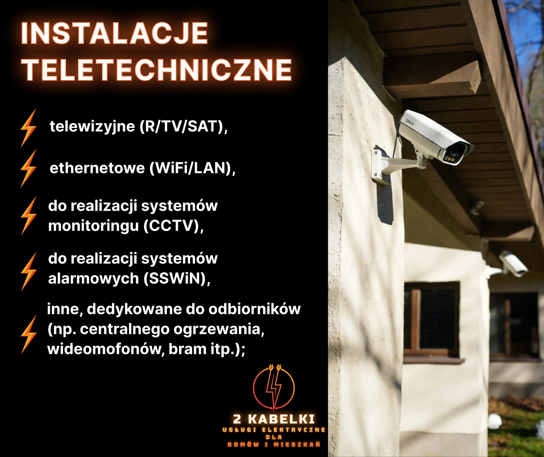 Dwie kamery monitoringu CCTV zamontowane na elewacji budynku, z tekstem 'Instalacje teletechniczne' i logo firmy '2 Kabelki'.