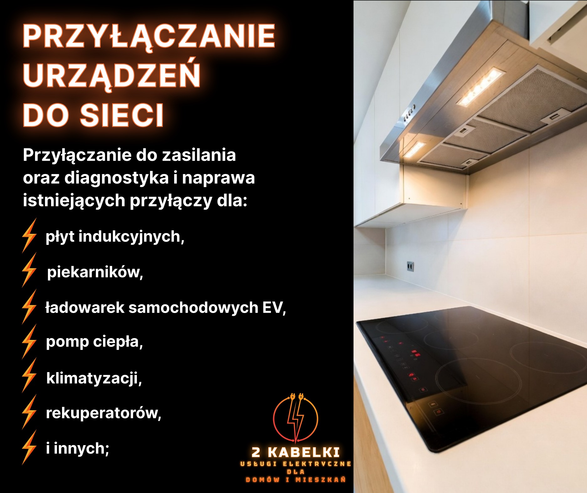 Podłączenie płyty indukcyjnej i okapu w nowoczesnej kuchni. Widoczne elementy instalacji elektrycznej. Minimalistyczny design.
