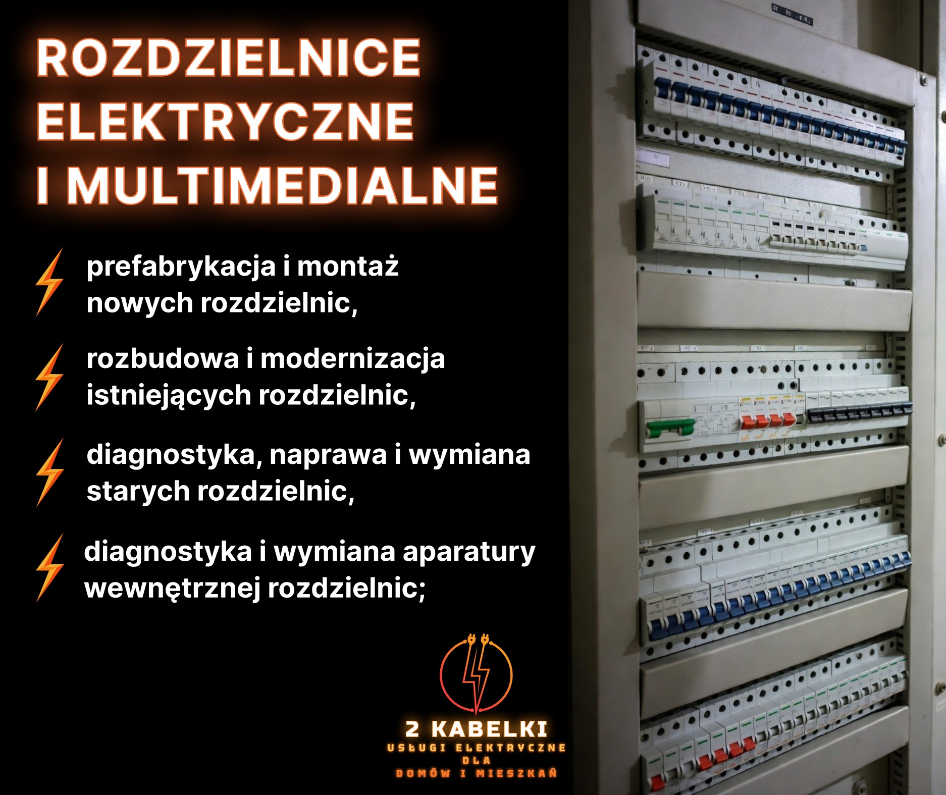Rozdzielnica elektryczna z widocznymi bezpiecznikami i wyłącznikami, prezentowana w szarej obudowie. Widoczny napis 'Rozdzielnice elektryczne i multimedialne'.