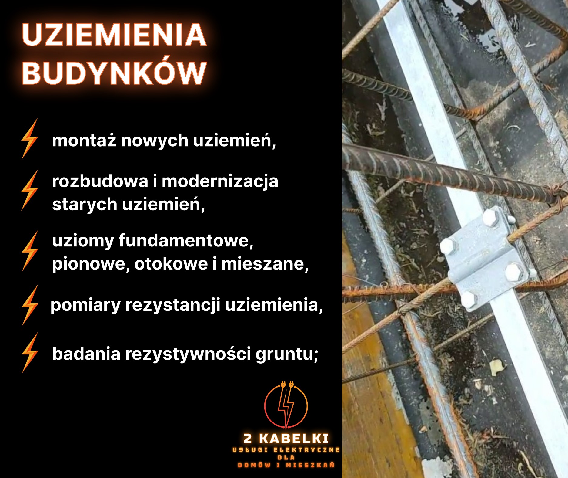 Uziemienie budynku w trakcie montażu: stalowa szyna uziemiająca przymocowana do zbrojenia fundamentu. Widoczne elementy mocujące i fragment betonowej konstrukcji.