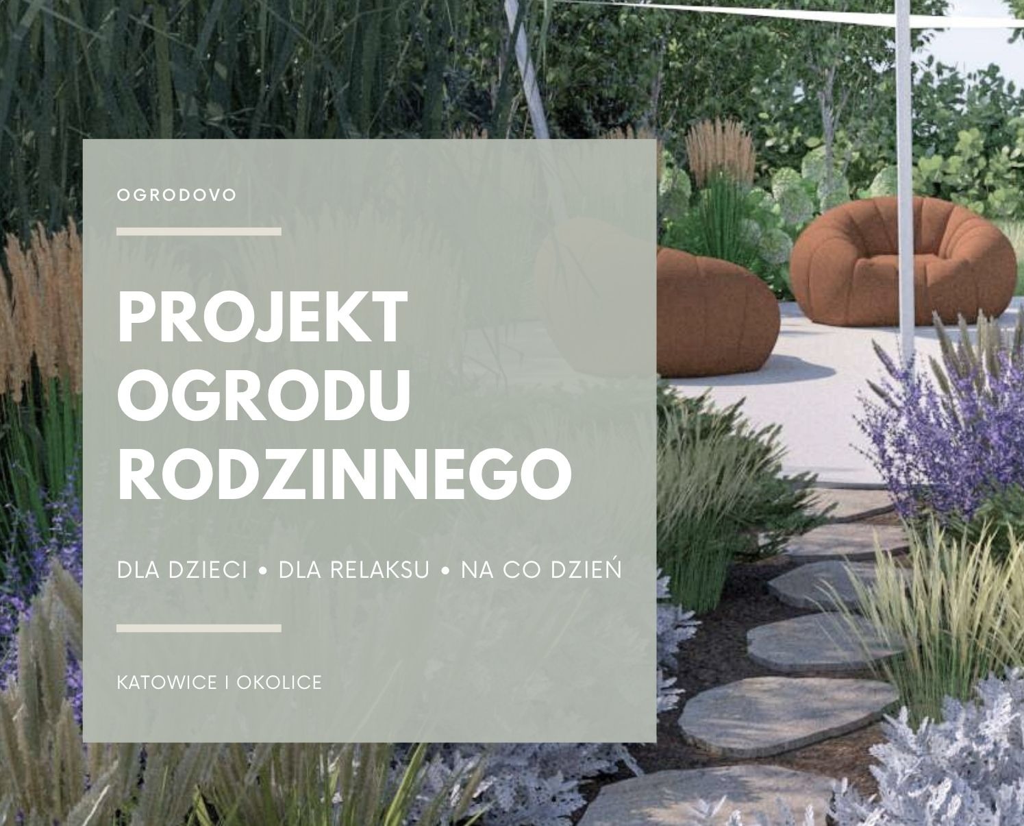 Projekt ogrodu rodzinnego z ścieżką z kamieni, ozdobnymi trawami i fotelem typu pufa. Zieleń i fiolet kwiatów tworzą relaksującą przestrzeń.