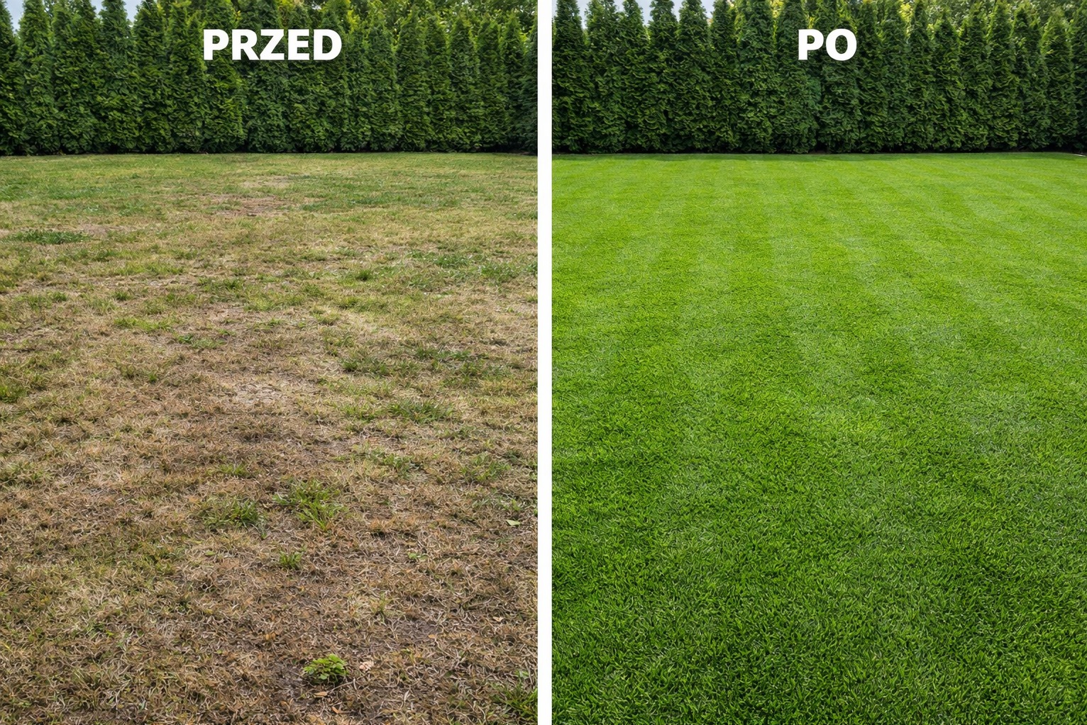 Zdjęcie 'przed i po' koszenia trawy: po lewej zaniedbany trawnik, po prawej równo skoszona, soczyście zielona trawa. W tle rząd tuj.