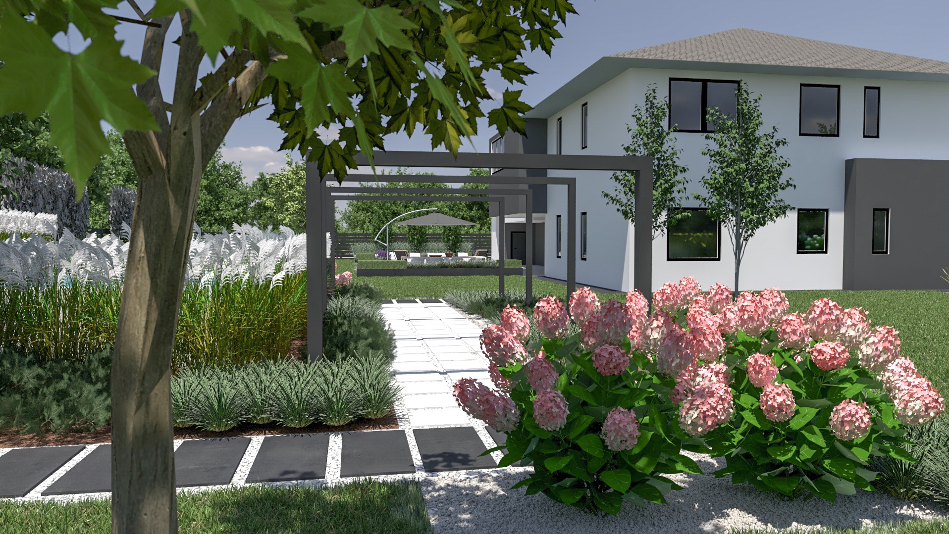 Projekt ogrodu w Siemianowicach Śląskich: ścieżka z płyt, pergola, hortensje 'Pinky Winky' i ozdobne trawy. Nowoczesny ogród z elementami architektury.