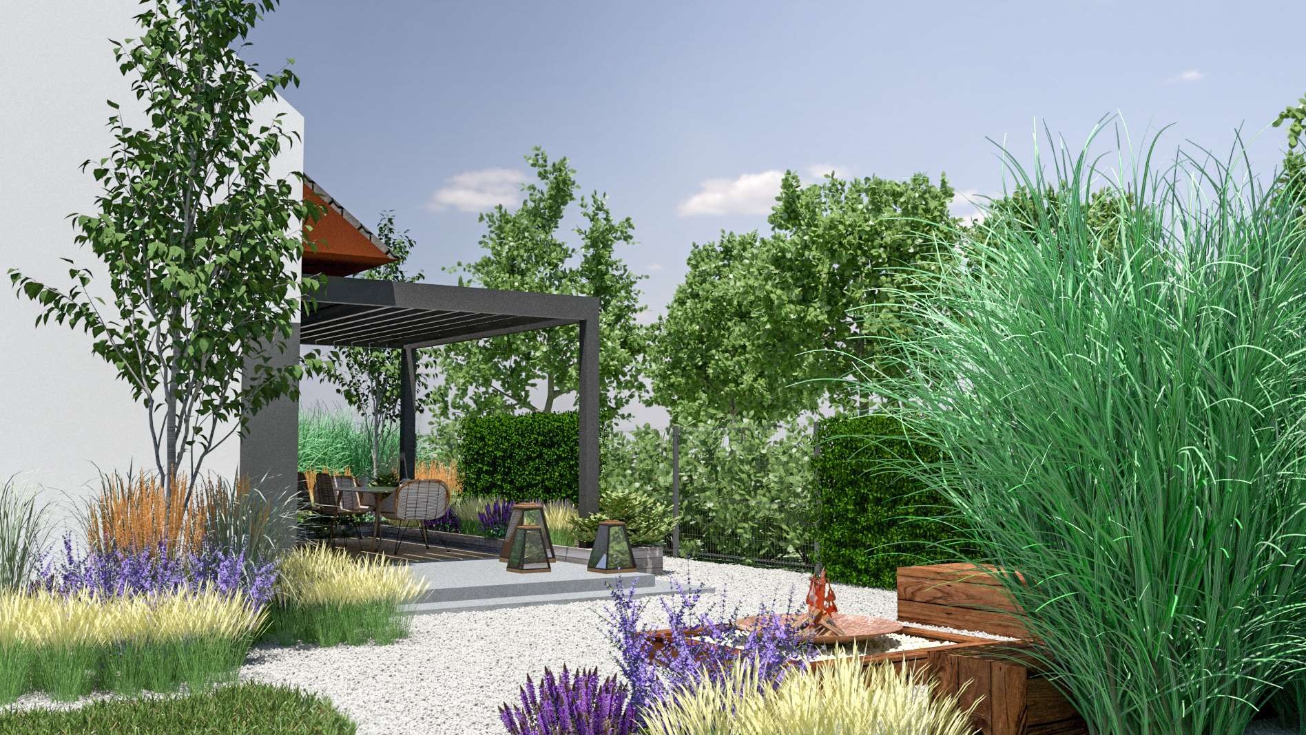 Wizualizacja ogrodu z pergolą, meblami ogrodowymi i ozdobnymi trawami. Białe kamienie na ziemi, nowoczesny design, bujna roślinność i oświetlenie.