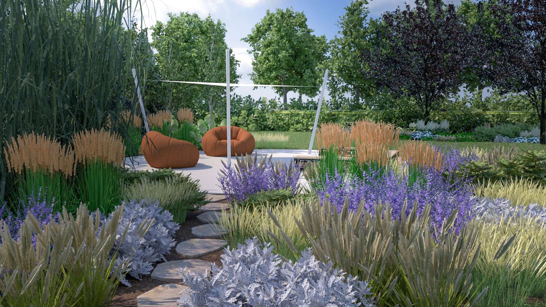 Wizualizacja ogrodu z dwoma brązowymi pufami, ścieżką z kamieni i różnorodną roślinnością: trawy ozdobne, lawenda i drzewa w tle. Nowoczesna aranżacja przestrzeni.