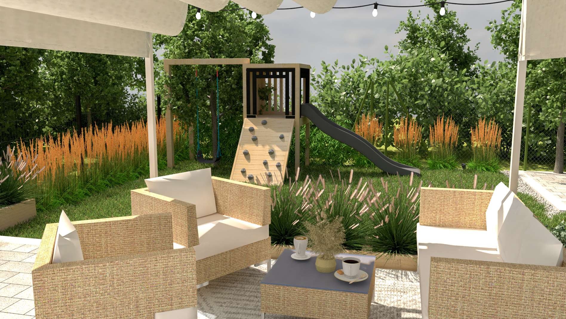 Wizualizacja ogrodu z rattanowymi meblami wypoczynkowymi, placem zabaw dla dzieci i ozdobnymi trawami w tle, oświetlona girlandami żarówek.