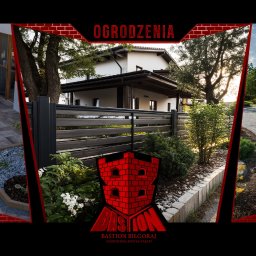 Bastion Biłgoraj - Kompozycja trzech kadrów: taras z meblami ogrodowymi, nowoczesne ogrodzenie posesji i brukowana droga do domu. Prezentacja usług firmy.