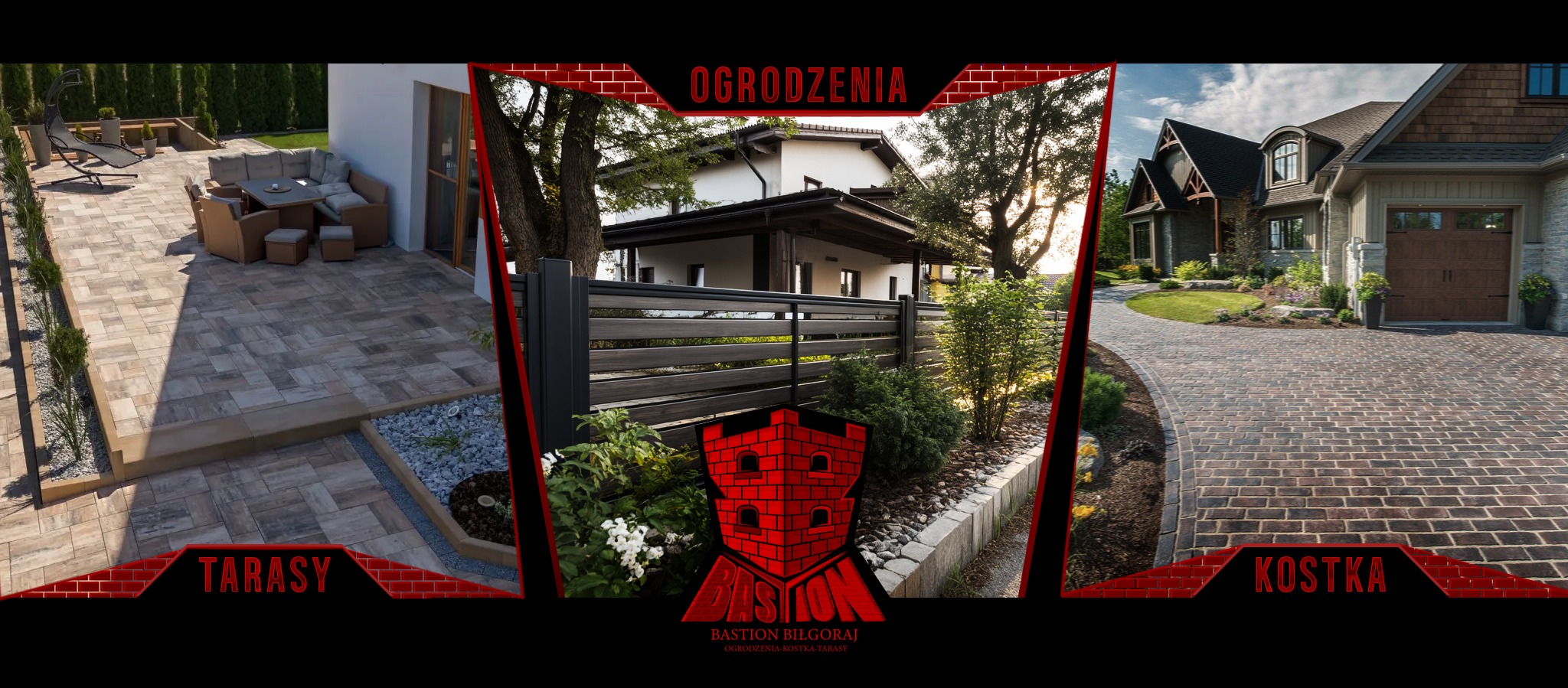 Kompozycja trzech kadrów: taras z meblami ogrodowymi, nowoczesne ogrodzenie posesji i brukowana droga do domu. Prezentacja usług firmy.
