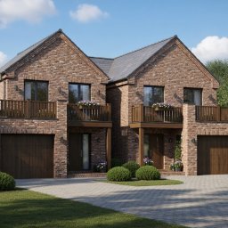 Follow River Sp. z o.o. - Dwukondygnacyjny bliźniak z cegły klinkierowej z balkonami i garażami, otoczony zielenią. Uwagę przykuwają kwiaty w skrzynkach balkonowych i starannie ułożona kostka brukowa.