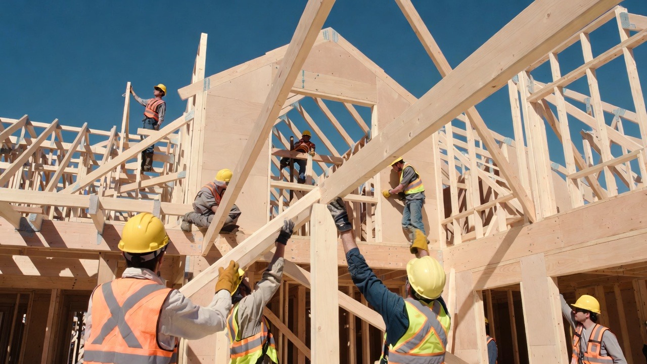 Montaż drewnianej konstrukcji domu przez grupę robotników w kaskach i kamizelkach odblaskowych na tle błękitnego nieba. Widoczne elementy więźby dachowej.