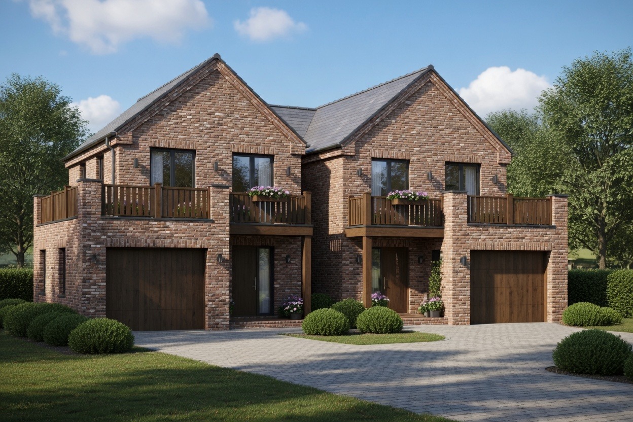 Dwukondygnacyjny bliźniak z cegły klinkierowej z balkonami i garażami, otoczony zielenią. Uwagę przykuwają kwiaty w skrzynkach balkonowych i starannie ułożona kostka brukowa.