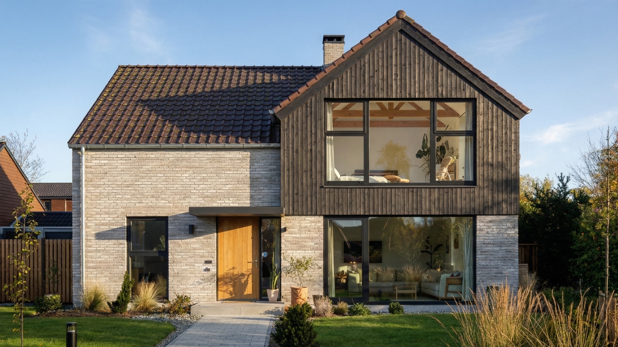 Nowoczesny dom z jasnej cegły i ciemnego drewna, duże okna, dwuspadowy dach z brązową dachówką, zadbany trawnik, kostka brukowa, minimalistyczny design.