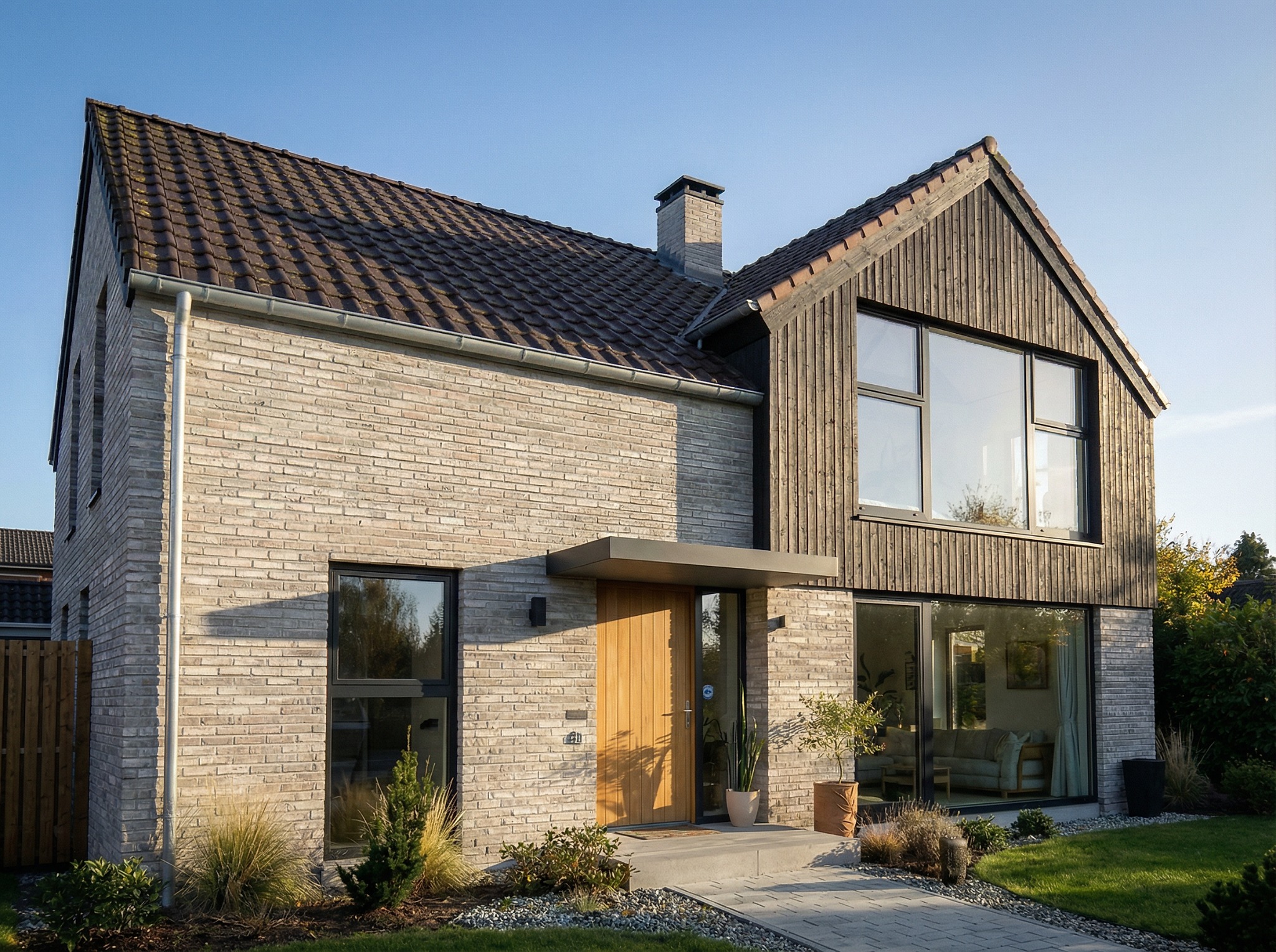 Nowoczesny dom jednorodzinny z cegły i drewna w Warszawie. Dwuspadowy dach z brązową dachówką, duże okna i minimalistyczne detale architektoniczne.