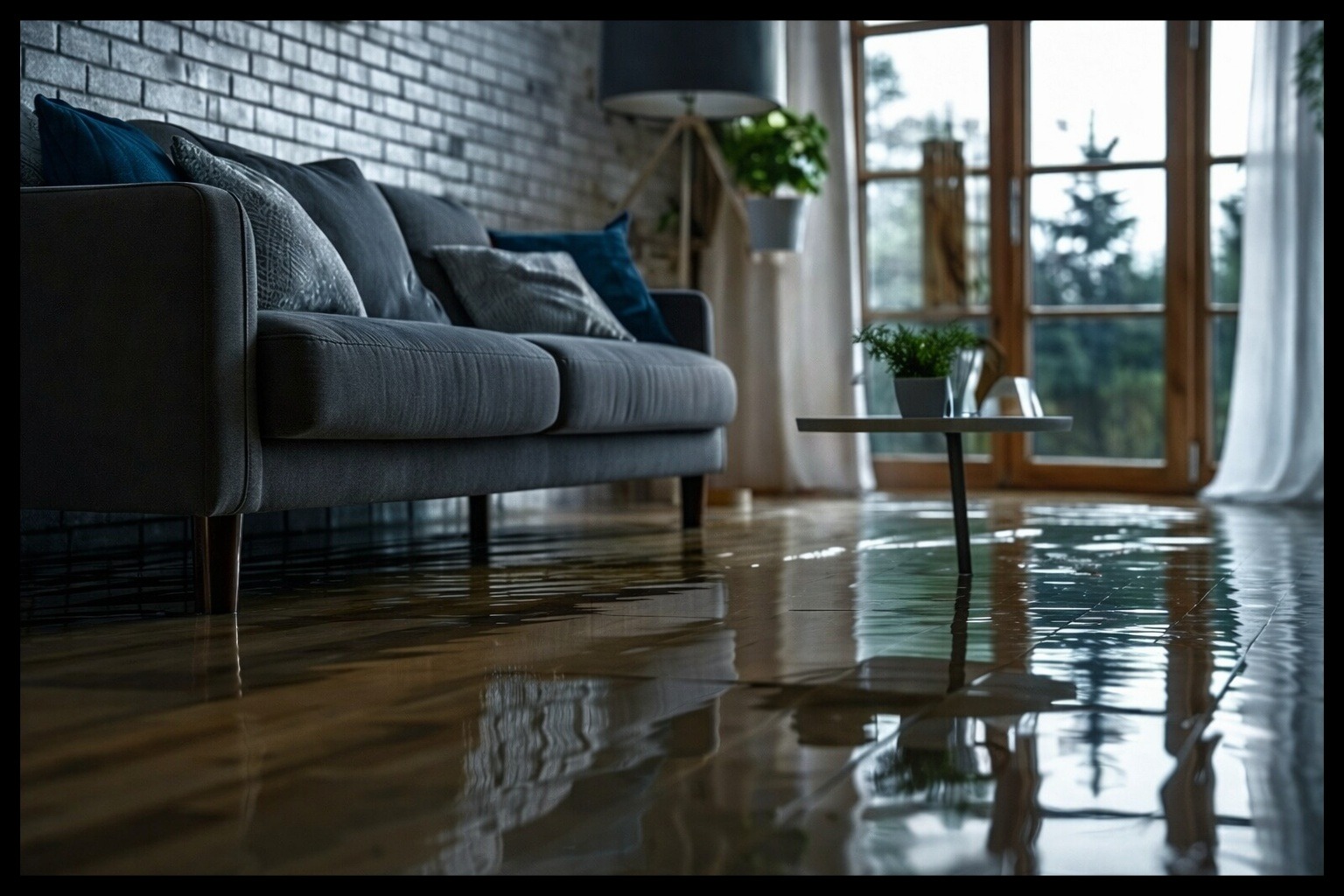 Zalany parkiet w salonie z szarą sofą i ceglaną ścianą. Woda odbija światło, tworząc lustrzany efekt. Widoczne okno z widokiem na zieleń.