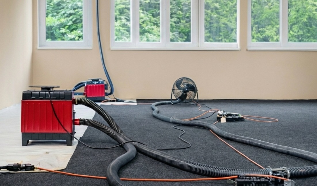 Sprzęt do usuwania wilgoci na szarym dywanie w pokoju z trzema oknami. Czerwone urządzenia z czarnymi wężami, wentylator. Widok z niskiej perspektywy.