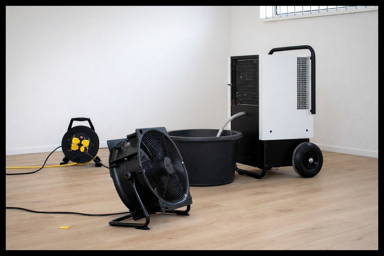 Profesjonalny sprzęt do usuwania wilgoci: wentylator, kondensacyjny pochłaniacz wilgoci z pojemnikiem na wodę i przedłużacz na podłodze w jasnym pomieszczeniu.