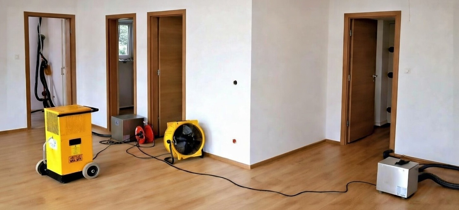 Pokój po zalaniu z kilkoma urządzeniami do usuwania wilgoci: żółty kondensacyjny, srebrny adsorpcyjny i wentylator. Widoczne gniazdka elektryczne w ścianie.