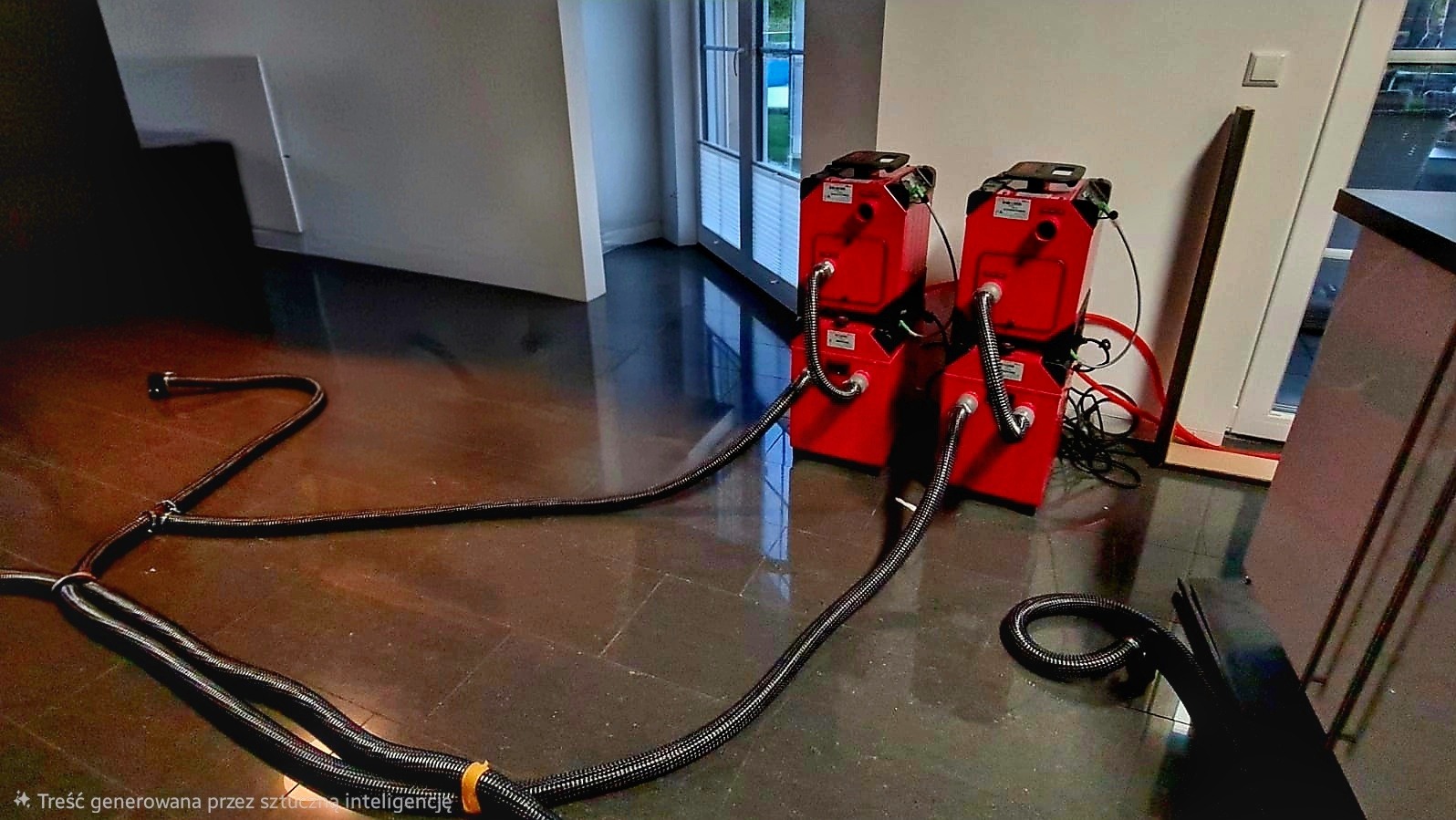 Czerwone urządzenia z wężami na błyszczącej podłodze w pomieszczeniu. Sprzęt do usuwania wilgoci w trakcie pracy, widoczne okno i fragmenty wyposażenia wnętrza.