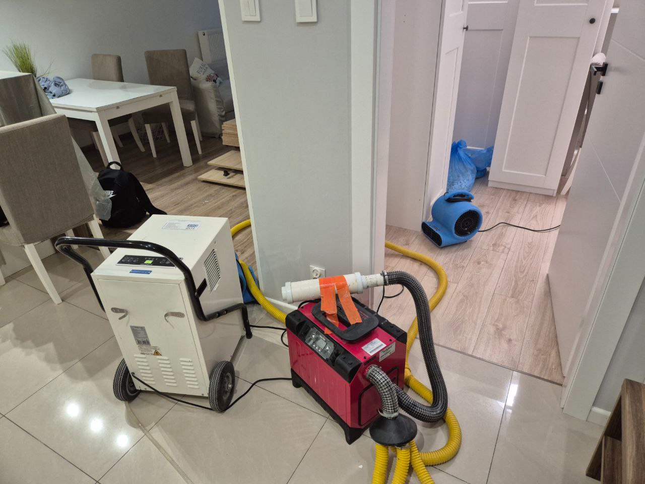 Dwa urządzenia do usuwania wilgoci: biały na kółkach i czerwony, połączone wężami. W tle niebieski wentylator w otwartych drzwiach. Widoczne elementy wyposażenia wnętrza.