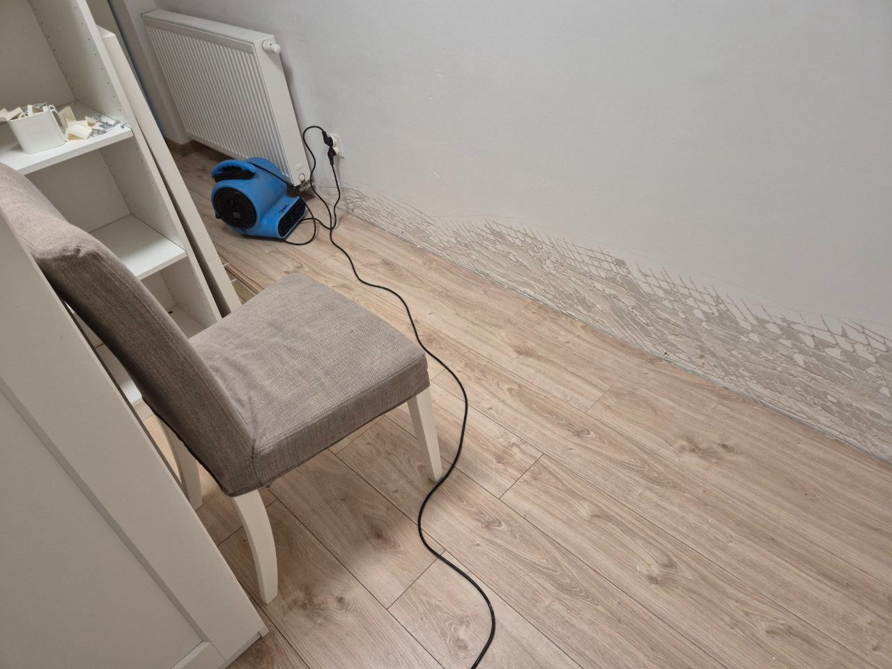 Niebieski wentylator obok ściany z widocznymi śladami wilgoci, krzesło i regał. Prace po zalaniu, widoczne uszkodzenia na ścianie. Parkiet na podłodze.