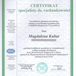 Magdalena Kubat Biuro Rachunkowe - Certyfikat specjalisty ds. rachunkowości Stowarzyszenia Księgowych w Polsce dla Magdaleny Kubat, wydany w Częstochowie w 2018 roku.