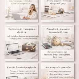 S Line Accounting - Kolaż reklamowy usług księgowych: wdrożenia, upraszczanie, dopasowane rozwiązania, zarządzanie finansami, kontrola i automatyzacja procesów. Laptop, kalkulator, pieniądze.