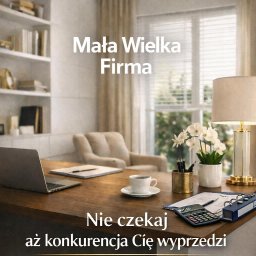 S Line Accounting - Stylowe biuro z laptopem, kawą i kalkulatorem. Na blacie leżą dokumenty i kwiaty. W tle regał z książkami i fotel. Hasło: Mała Wielka Firma. Nie czekaj aż konkurencja Cię wyprzedzi.