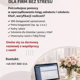S Line Accounting - Księgowość online dla firm: laptop z otwartym programem księgowym, kalkulator, notatnik i bukiet róż na stole. Oferta usług księgowych.