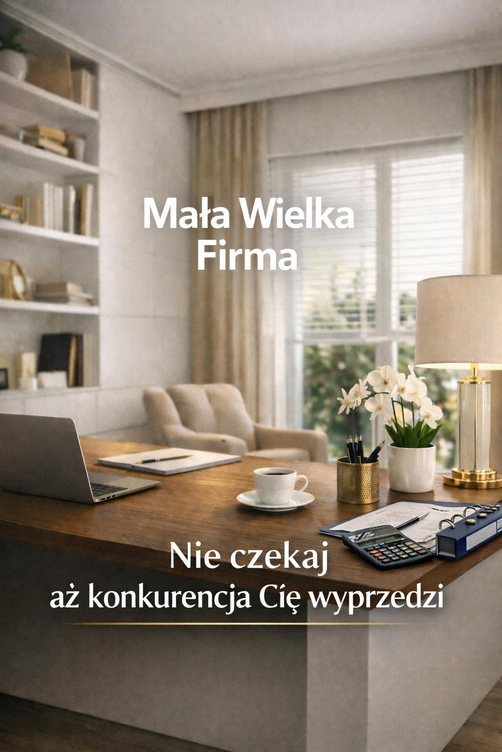 Stylowe biuro z laptopem, kawą i kalkulatorem. Na blacie leżą dokumenty i kwiaty. W tle regał z książkami i fotel. Hasło: Mała Wielka Firma. Nie czekaj aż konkurencja Cię wyprzedzi.