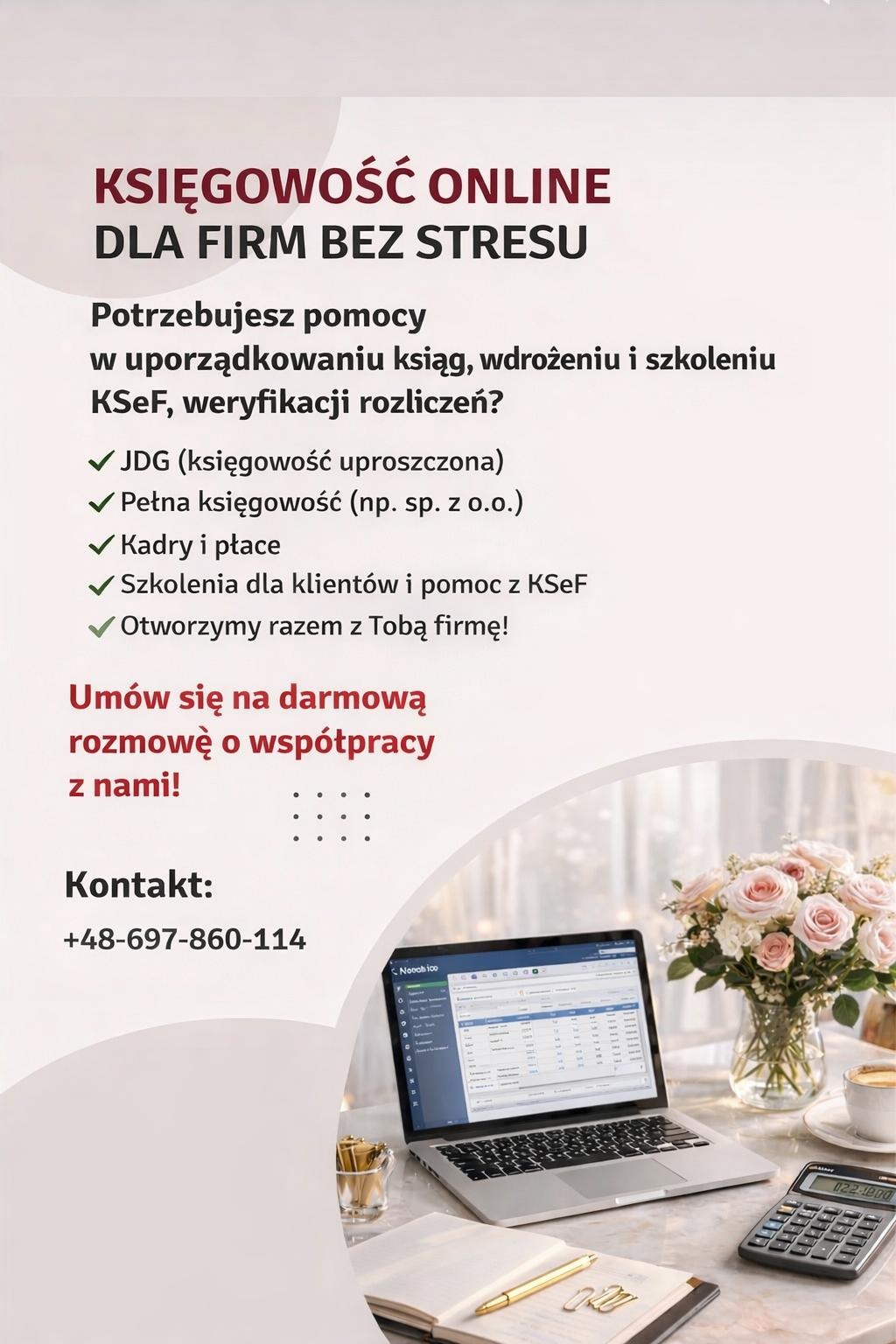 Księgowość online dla firm: laptop z otwartym programem księgowym, kalkulator, notatnik i bukiet róż na stole. Oferta usług księgowych.