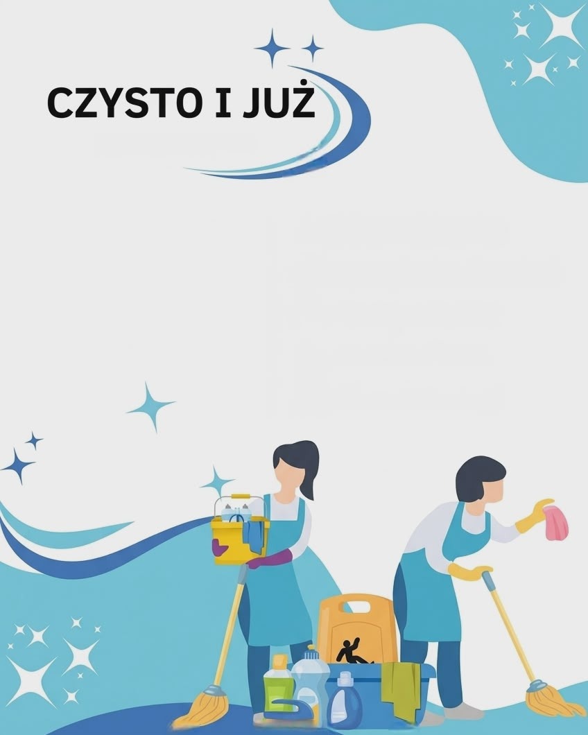 Grafika: Dwie osoby sprzątają, używając mopa i wiadra. Widoczne środki czystości i napis 'Czysto i już'. Utrzymana w jasnej, błękitnej kolorystyce.